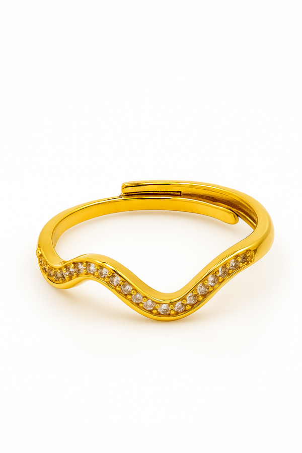 “Golden Wave Ring by Sanzorah – elegant gold-toned wave-inspired designer ring for women”